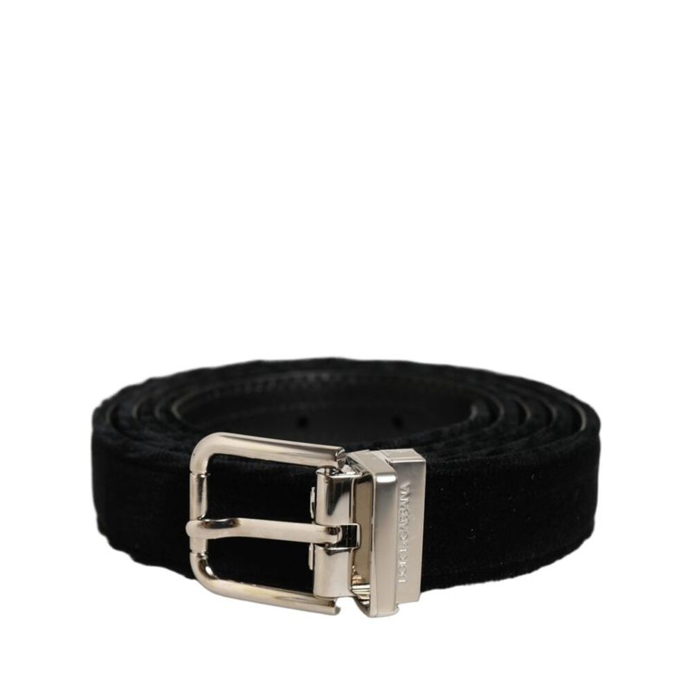 Dolce & Gabbana Black Velvet Silver Tone Metal Buckle Men's Belt